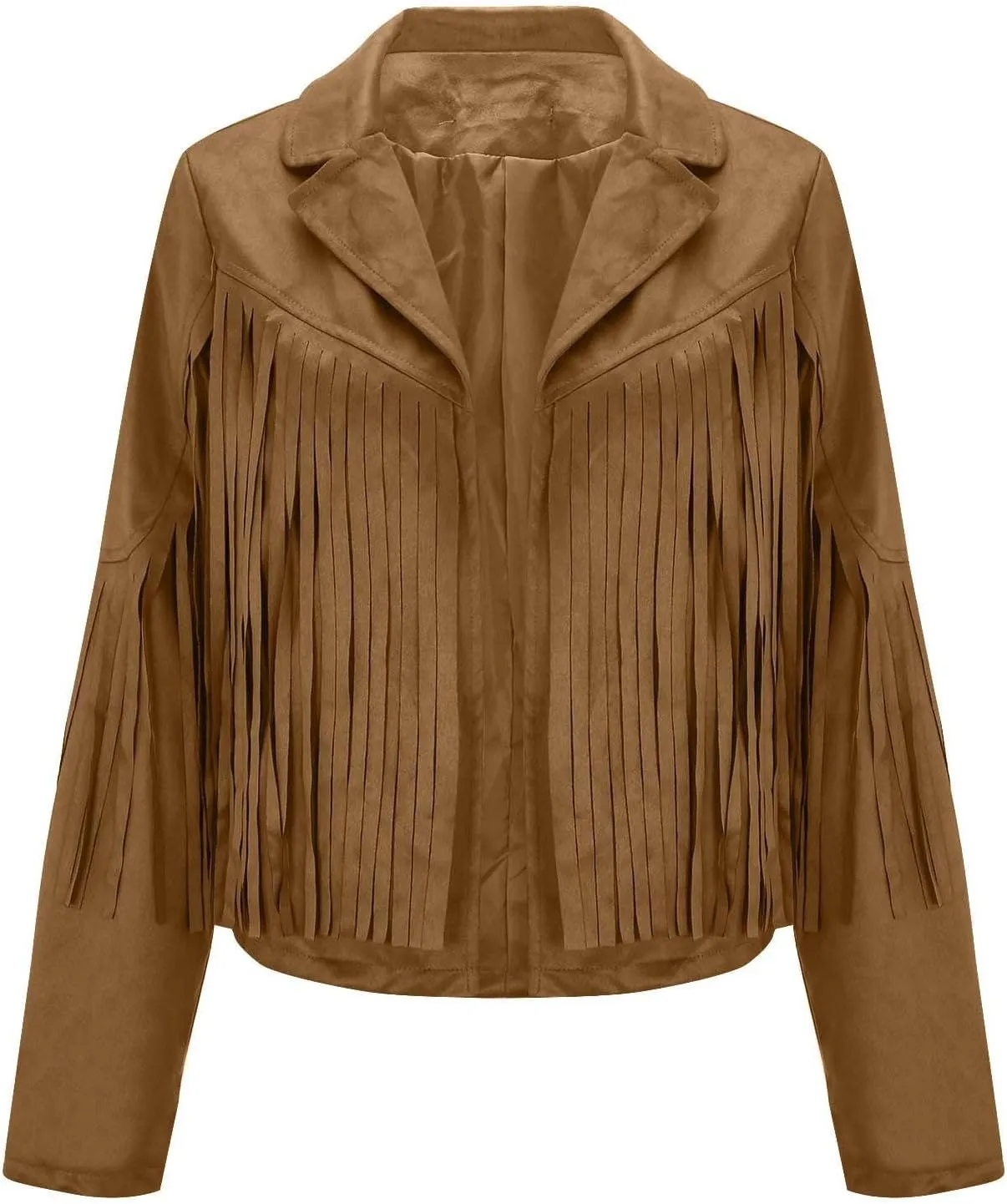 SEAOPEN Faux Suede Jacket for Women Fringe Leather Jacket Cropped Motocycle Biker Jackets Casual Lapel Tassel Jackets