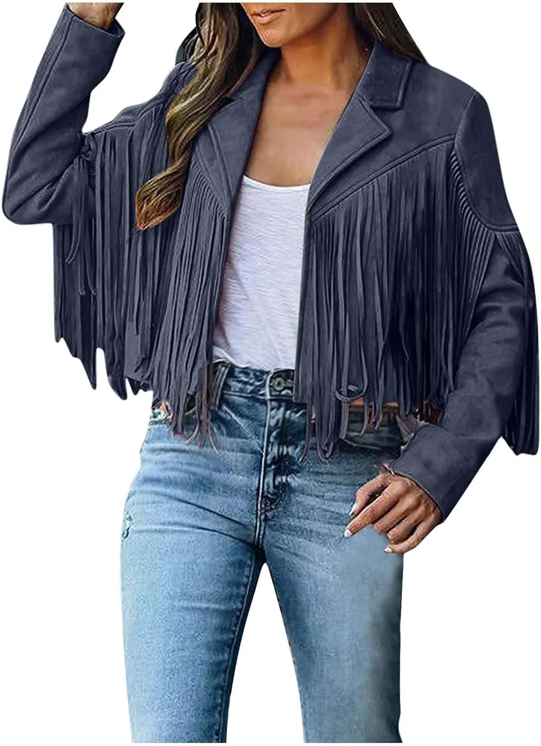 SEAOPEN Faux Suede Jacket for Women Fringe Leather Jacket Cropped Motocycle Biker Jackets Casual Lapel Tassel Jackets