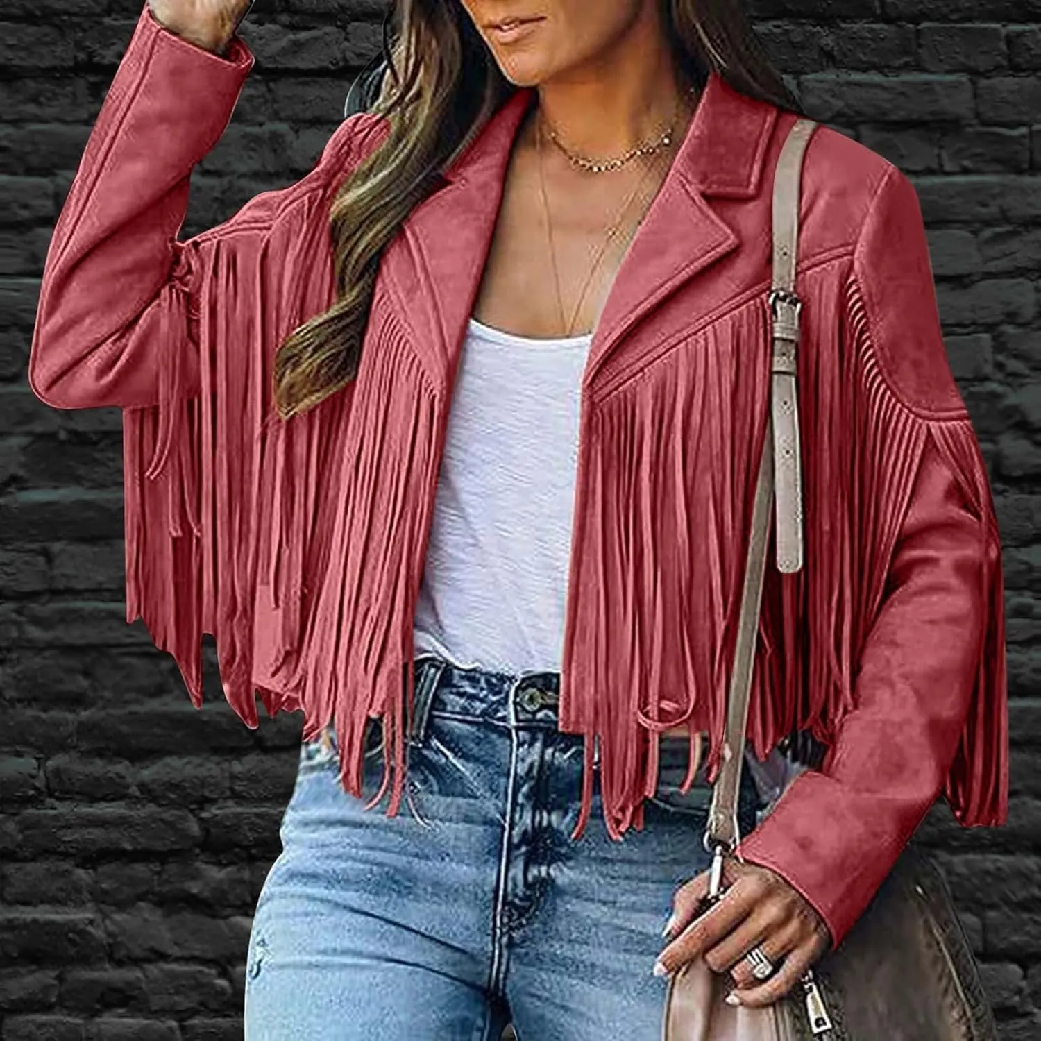 SEAOPEN Faux Suede Jacket for Women Fringe Leather Jacket Cropped Motocycle Biker Jackets Casual Lapel Tassel Jackets