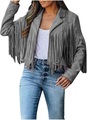 SEAOPEN Faux Suede Jacket for Women Fringe Leather Jacket Cropped Motocycle Biker Jackets Casual Lapel Tassel Jackets