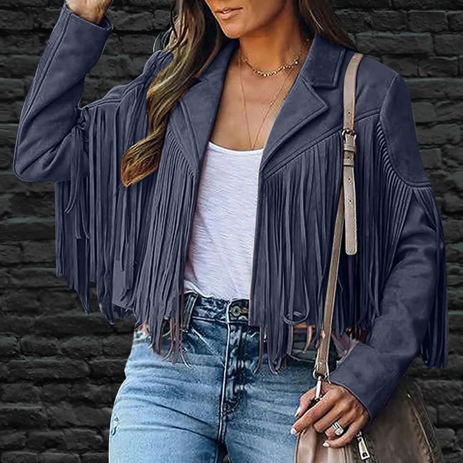 SEAOPEN Faux Suede Jacket for Women Fringe Leather Jacket Cropped Motocycle Biker Jackets Casual Lapel Tassel Jackets