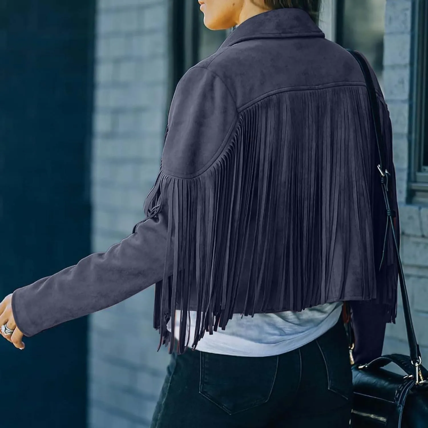 SEAOPEN Faux Suede Jacket for Women Fringe Leather Jacket Cropped Motocycle Biker Jackets Casual Lapel Tassel Jackets