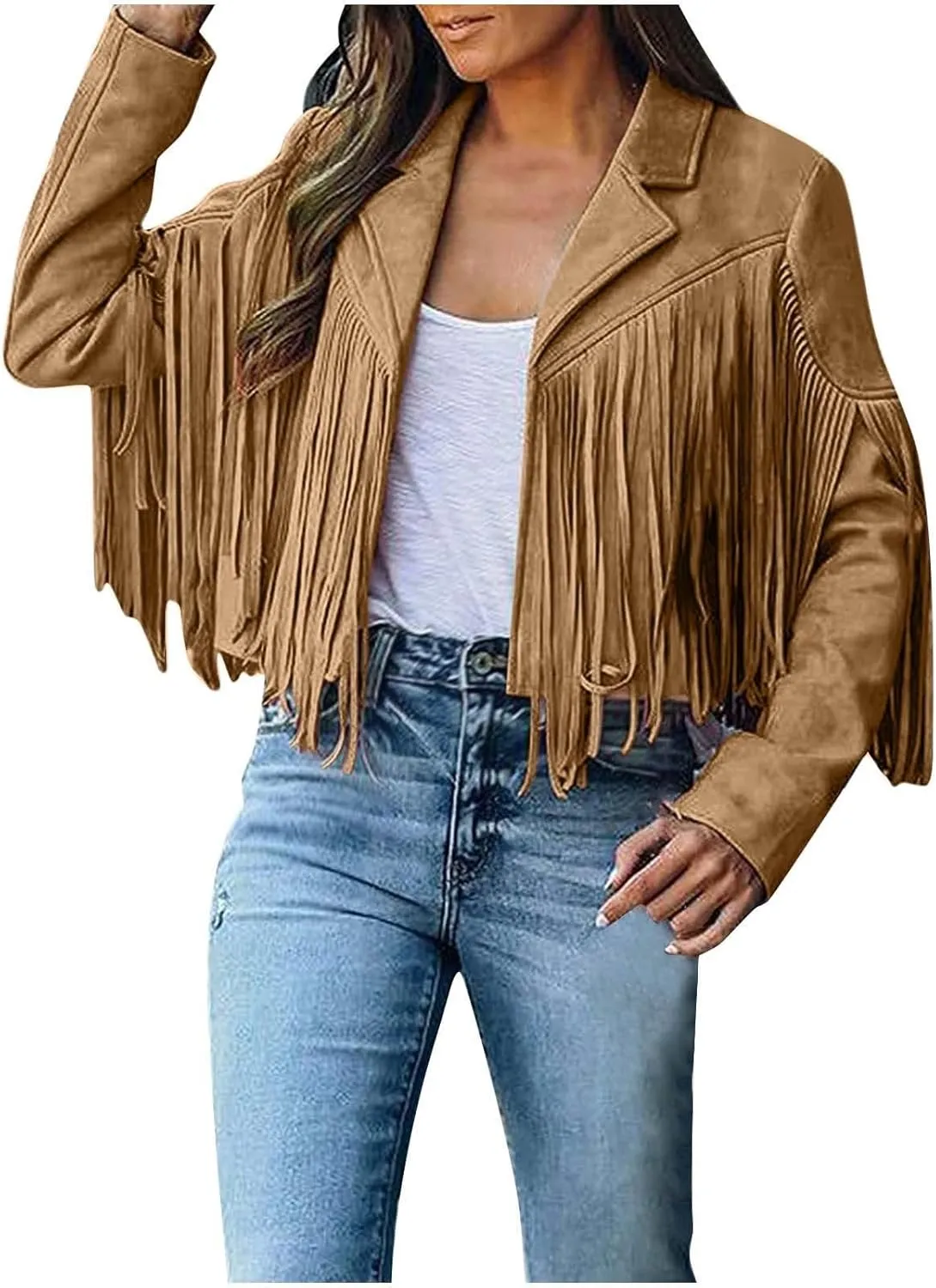 SEAOPEN Faux Suede Jacket for Women Fringe Leather Jacket Cropped Motocycle Biker Jackets Casual Lapel Tassel Jackets