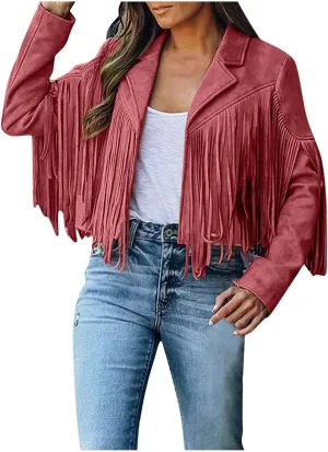 SEAOPEN Faux Suede Jacket for Women Fringe Leather Jacket Cropped Motocycle Biker Jackets Casual Lapel Tassel Jackets