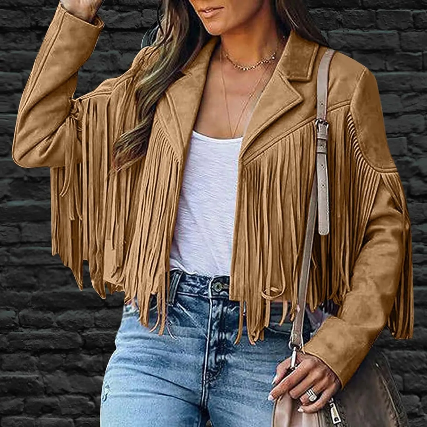 SEAOPEN Faux Suede Jacket for Women Fringe Leather Jacket Cropped Motocycle Biker Jackets Casual Lapel Tassel Jackets