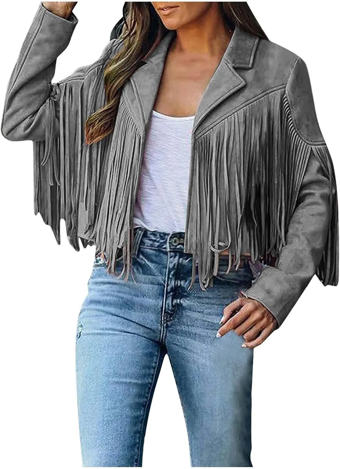 SEAOPEN Faux Suede Jacket for Women Fringe Leather Jacket Cropped Motocycle Biker Jackets Casual Lapel Tassel Jackets