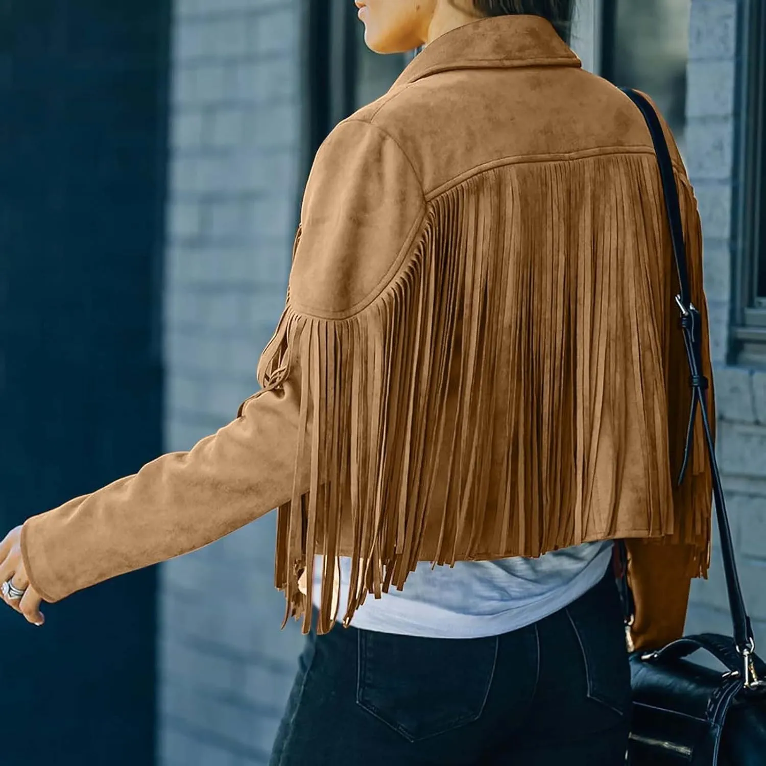 SEAOPEN Faux Suede Jacket for Women Fringe Leather Jacket Cropped Motocycle Biker Jackets Casual Lapel Tassel Jackets