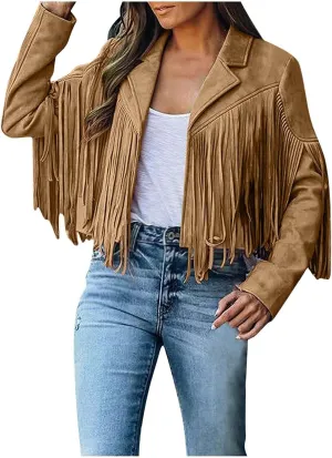 SEAOPEN Faux Suede Jacket for Women Fringe Leather Jacket Cropped Motocycle Biker Jackets Casual Lapel Tassel Jackets
