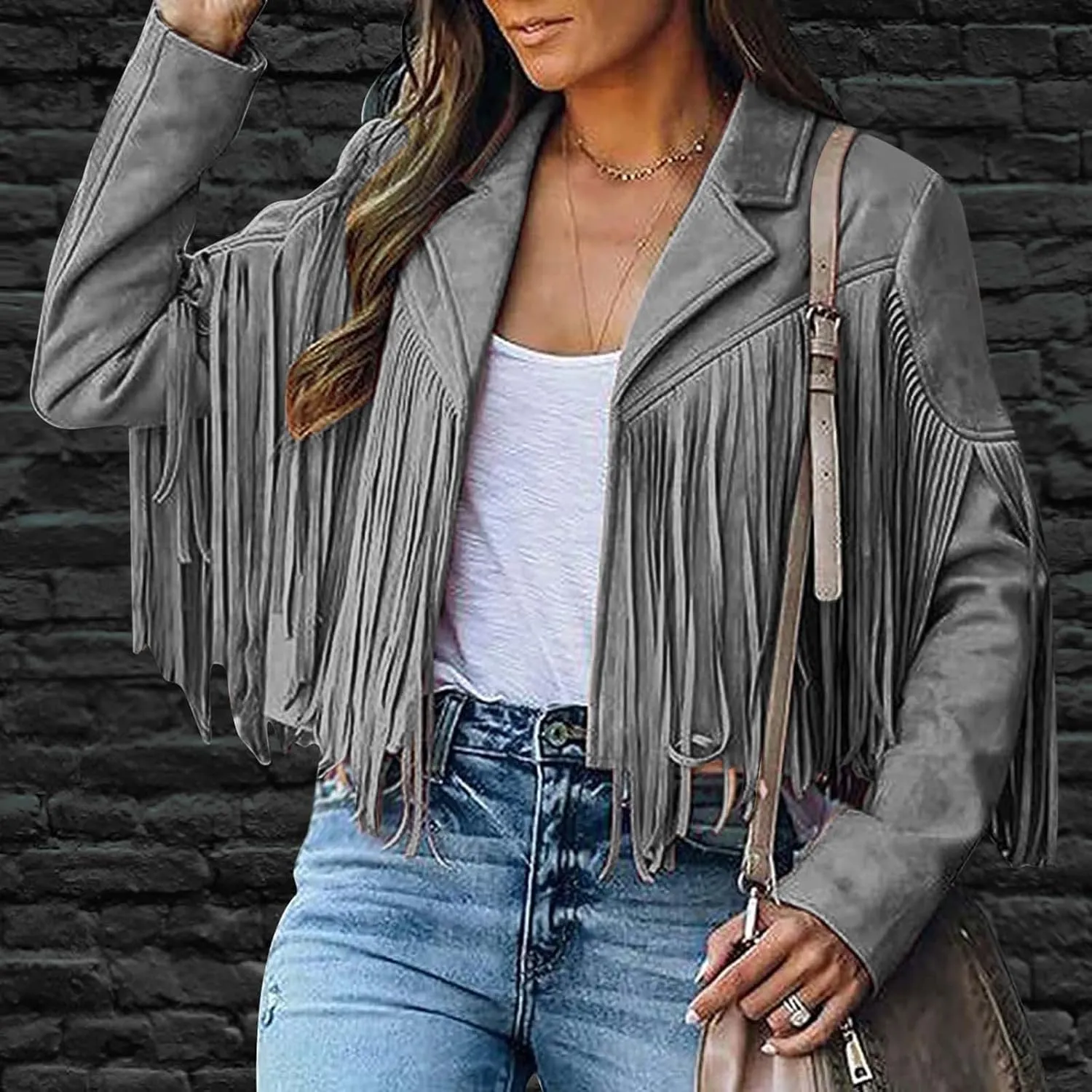 SEAOPEN Faux Suede Jacket for Women Fringe Leather Jacket Cropped Motocycle Biker Jackets Casual Lapel Tassel Jackets