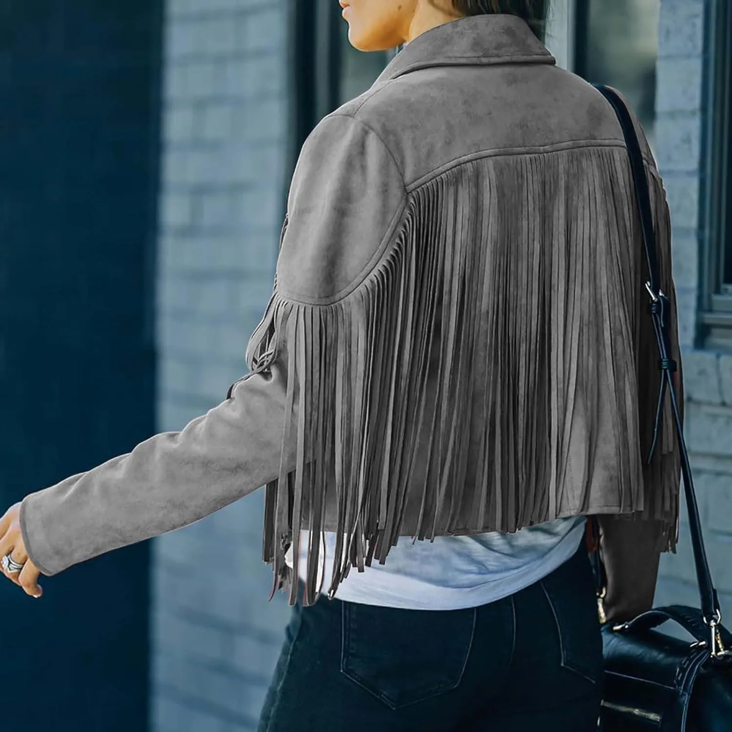 SEAOPEN Faux Suede Jacket for Women Fringe Leather Jacket Cropped Motocycle Biker Jackets Casual Lapel Tassel Jackets