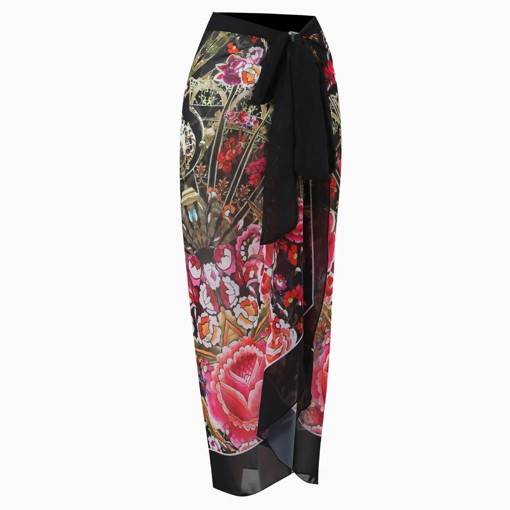 Sexy Print High Waist Contrast Trim Tie Knot Chiffon Maxi Cover Up Sarong