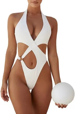 Sexy Tie Criss Cross Plunge One Piece Thong Swimsuit High Cut Micro Brazilian Swimwear One Piece Fashion Monokini