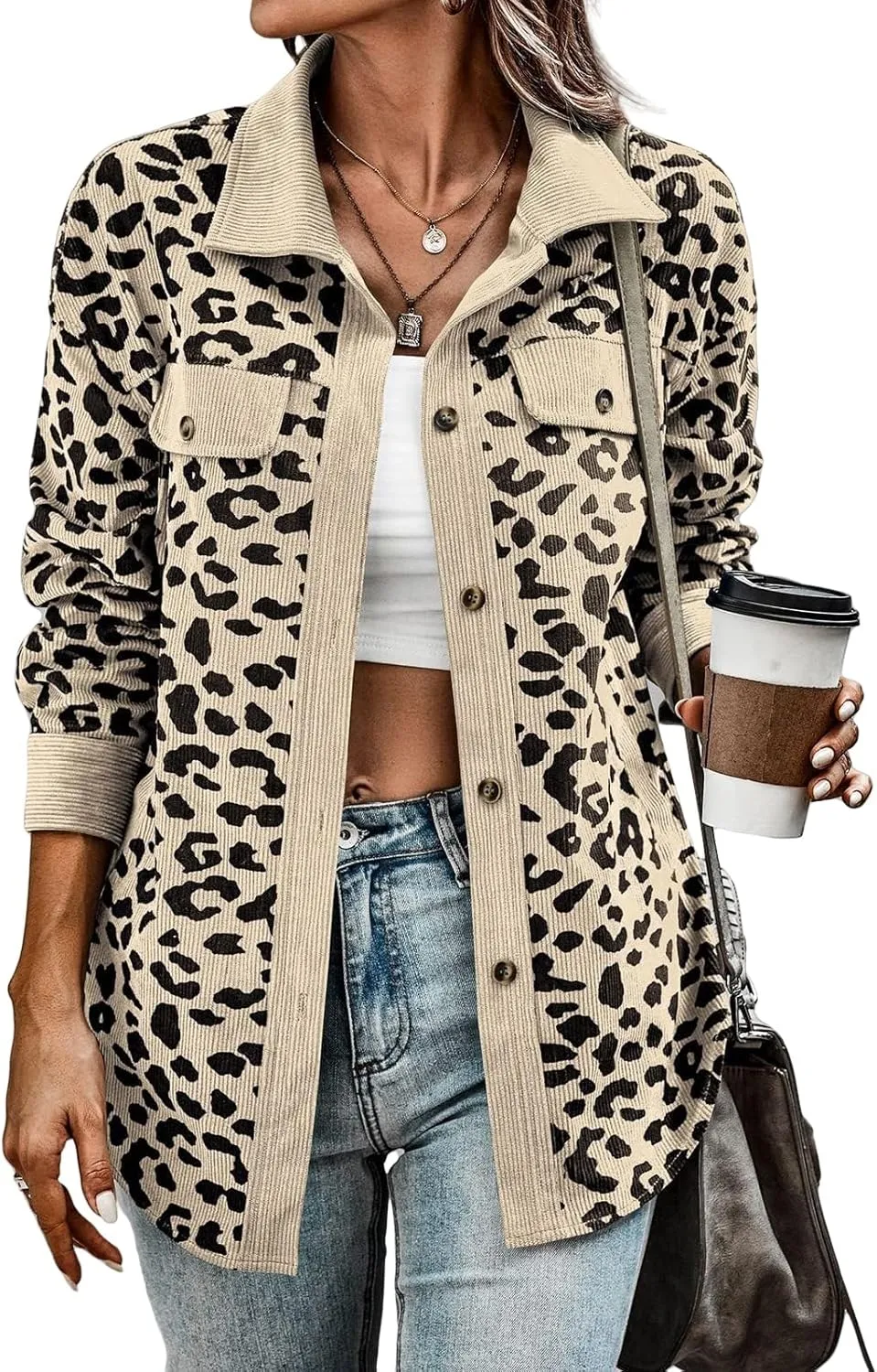 Shackets for Women 2024 Corduroy Leopard Jacket Button Down Long Sleeve Blouses Lightweight Fall Jacket Casual Coat