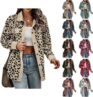 Shackets for Women 2024 Corduroy Leopard Jacket Button Down Long Sleeve Blouses Lightweight Fall Jacket Casual Coat