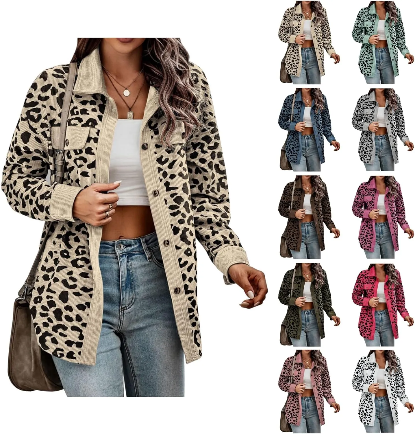 Shackets for Women 2024 Corduroy Leopard Jacket Button Down Long Sleeve Blouses Lightweight Fall Jacket Casual Coat