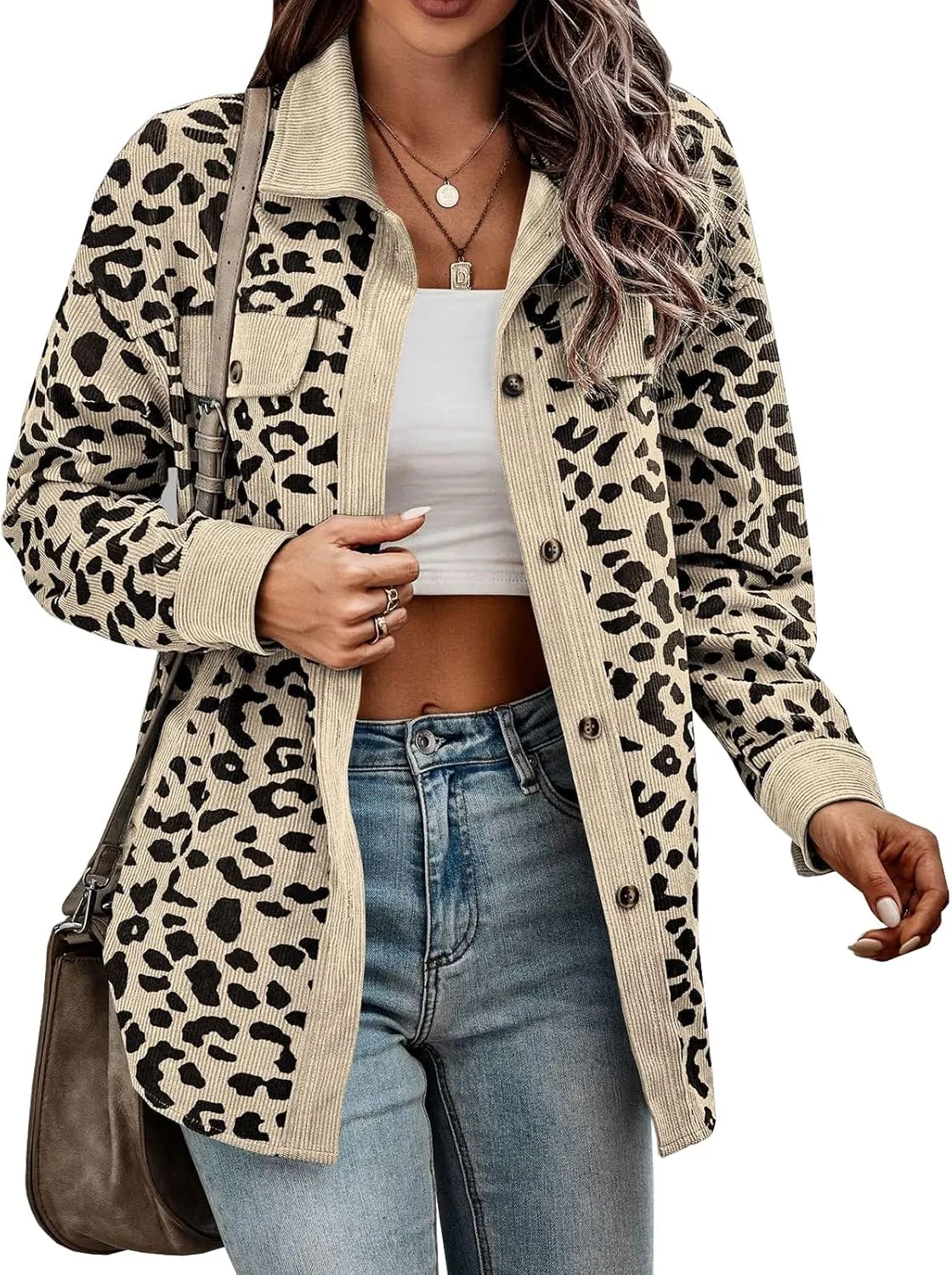 Shackets for Women 2024 Corduroy Leopard Jacket Button Down Long Sleeve Blouses Lightweight Fall Jacket Casual Coat