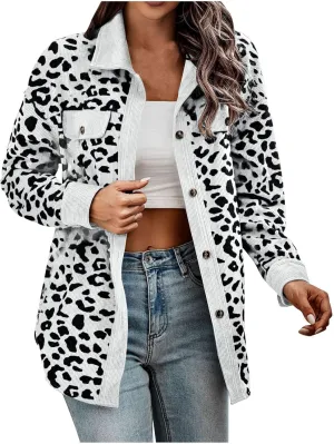 Shackets for Women 2024 Corduroy Leopard Jacket Button Down Long Sleeve Blouses Lightweight Fall Jacket Casual Coat