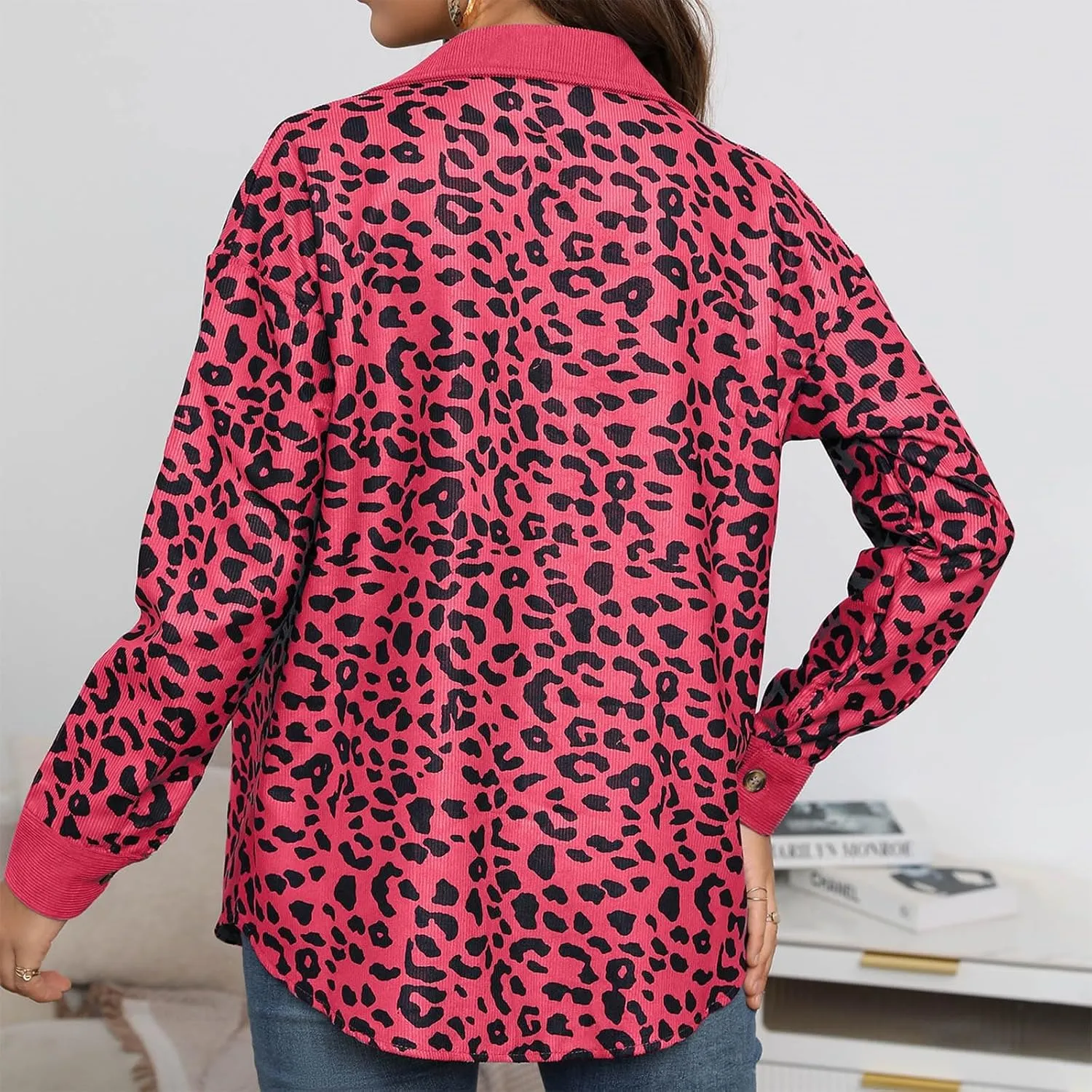 Shackets for Women 2024 Corduroy Leopard Jacket Button Down Long Sleeve Blouses Lightweight Fall Jacket Casual Coat