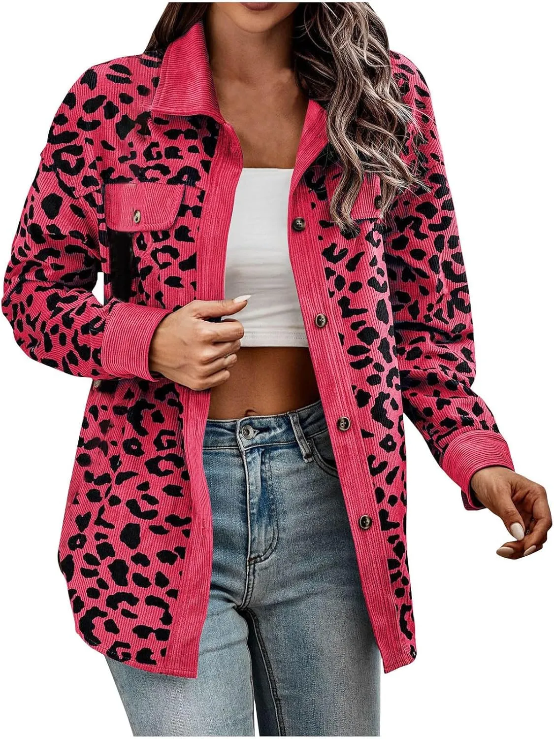Shackets for Women 2024 Corduroy Leopard Jacket Button Down Long Sleeve Blouses Lightweight Fall Jacket Casual Coat