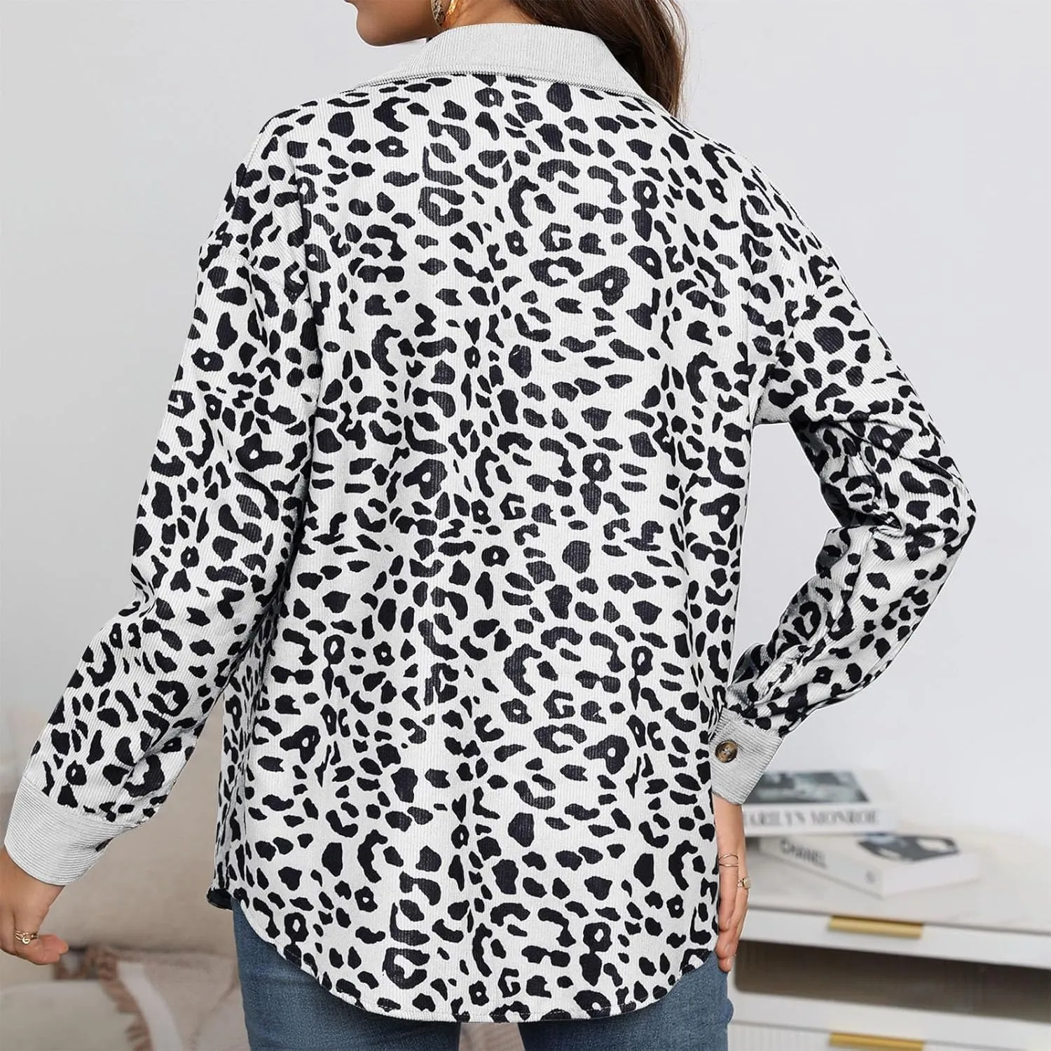 Shackets for Women 2024 Corduroy Leopard Jacket Button Down Long Sleeve Blouses Lightweight Fall Jacket Casual Coat