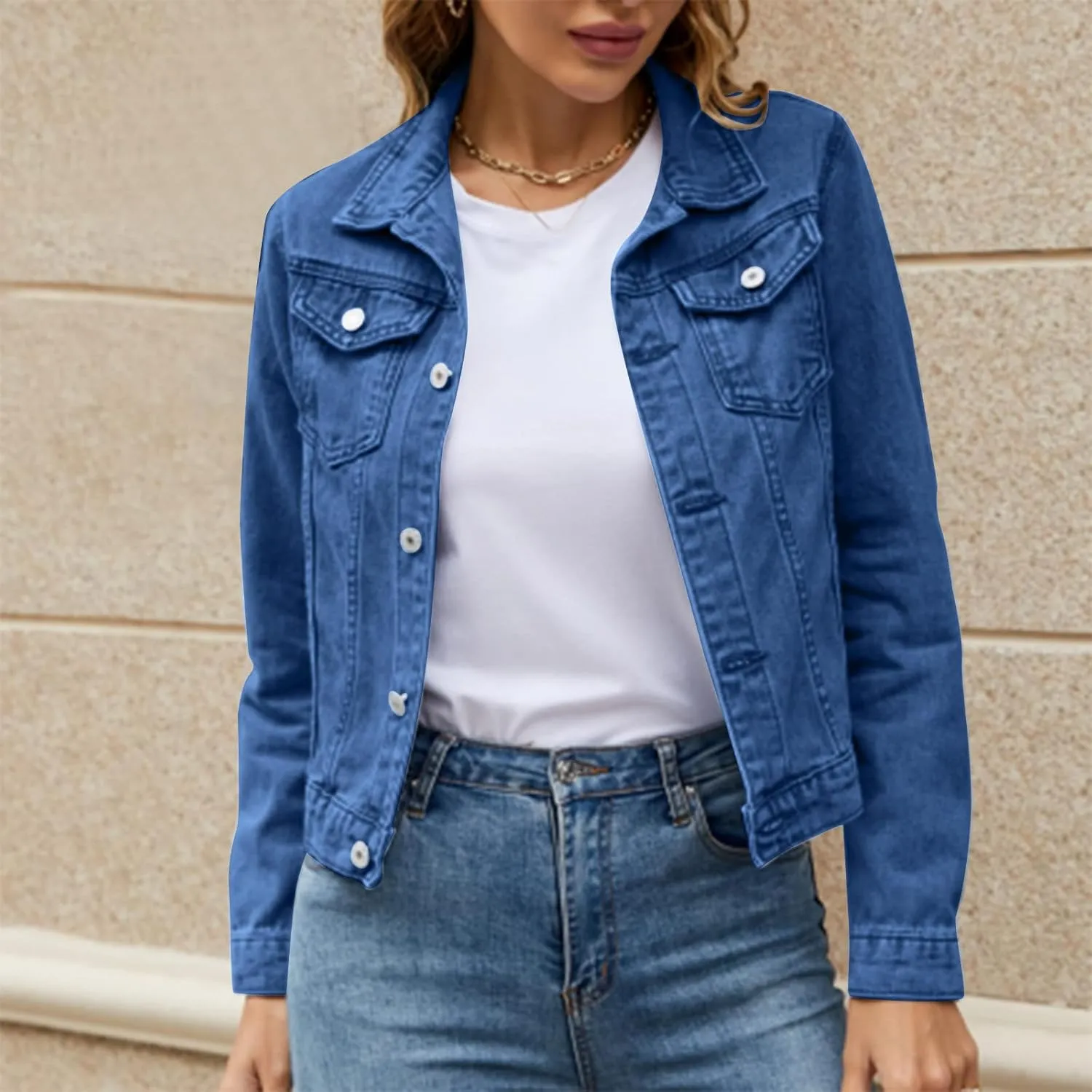 SHAOBGE Denim Duster Jacket for Women Women's Basic Solid Color Button Down Denim Cotton Jacket Stretch Jean Jackets for