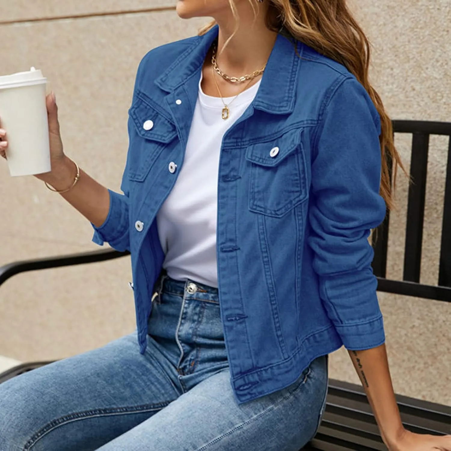 SHAOBGE Denim Duster Jacket for Women Women's Basic Solid Color Button Down Denim Cotton Jacket Stretch Jean Jackets for