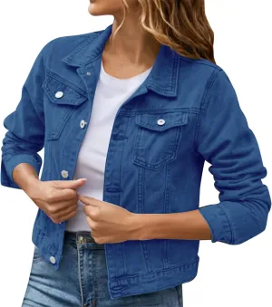 SHAOBGE Denim Duster Jacket for Women Women's Basic Solid Color Button Down Denim Cotton Jacket Stretch Jean Jackets for