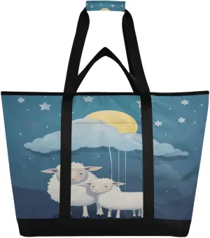 Sheep Star Tote Bag for Women with Zipper Reusable Grocery Bags Foldable Insulated Cooler Bag Handbags Totes Shopping Bags for Groceries Work Picnic Travel Beach