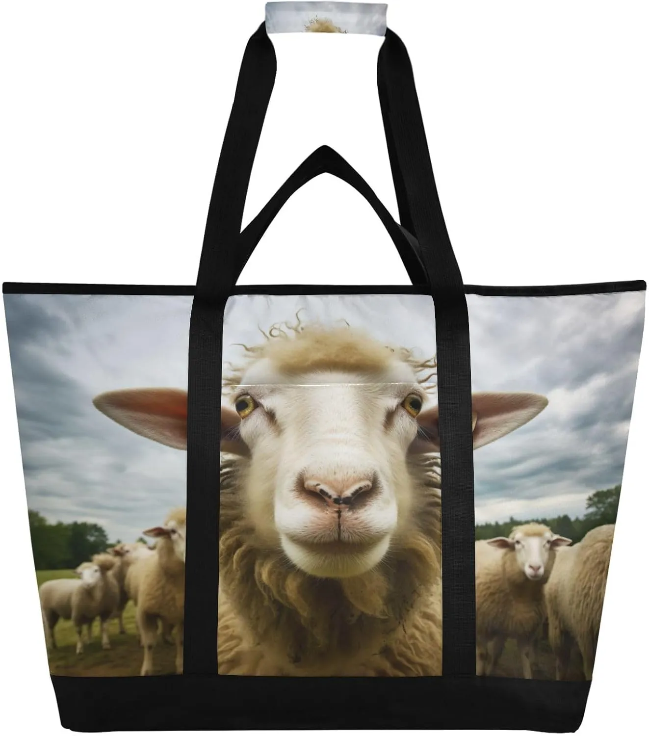 Sheep Tote Bag for Women with Zipper Reusable Grocery Bags Foldable Insulated Cooler Bag Handbags Shopping Bags Totes for Groceries Travel Beach Picnic Work