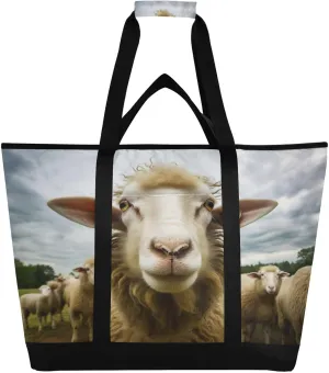 Sheep Tote Bag for Women with Zipper Reusable Grocery Bags Foldable Insulated Cooler Bag Handbags Shopping Bags Totes for Groceries Travel Beach Picnic Work