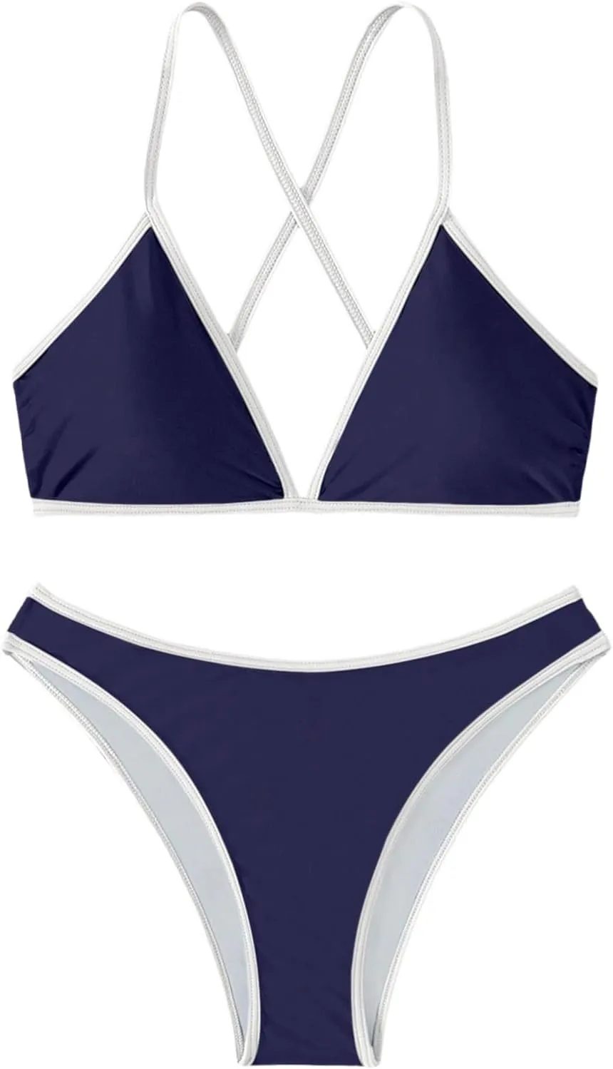 SHENHE Women's 2 Piece Bikini Set Swimsuit Color Block Criss Cross Halter Triangle Tie Back Swimwear
