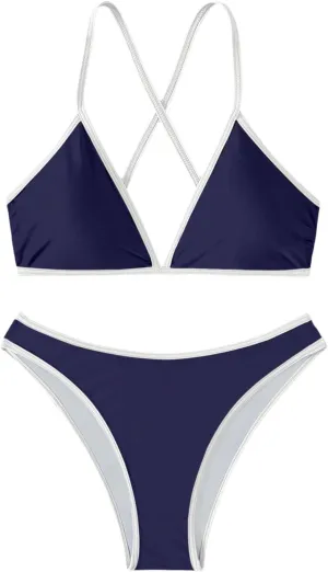 SHENHE Women's 2 Piece Bikini Set Swimsuit Color Block Criss Cross Halter Triangle Tie Back Swimwear