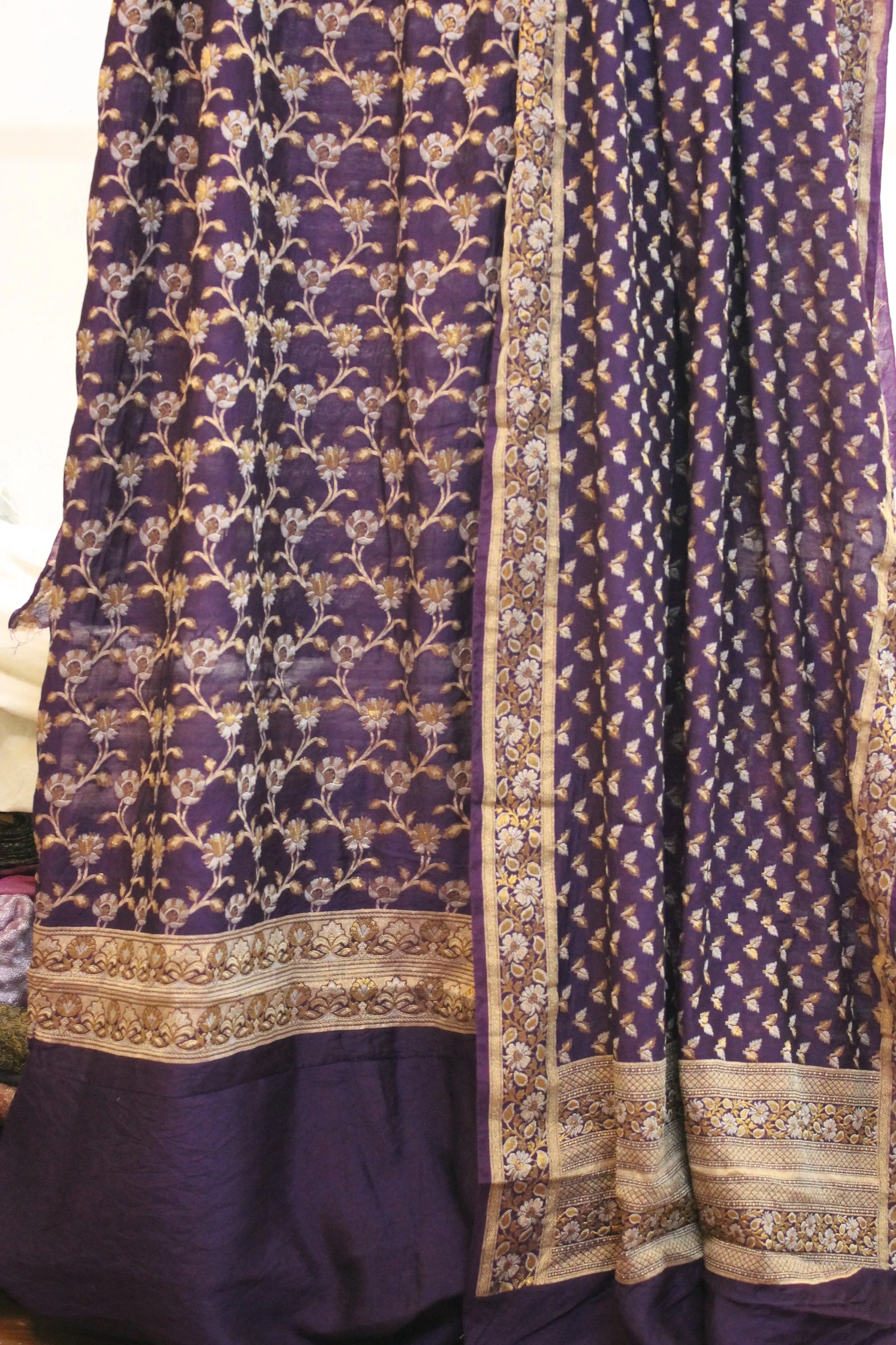 Shop Luxurious Purple Handloom 3 Pcs Cotton Silk Banarasi Dress Material