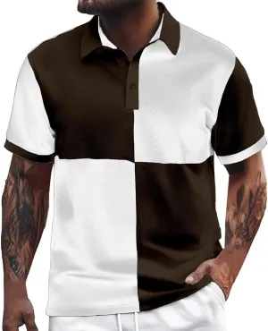 Short Sleeve Polo Shirt for Men Plus Size Classic Fit Button Lapel Golf Shirts Color-Block Lightweight Knitted Collared Tee