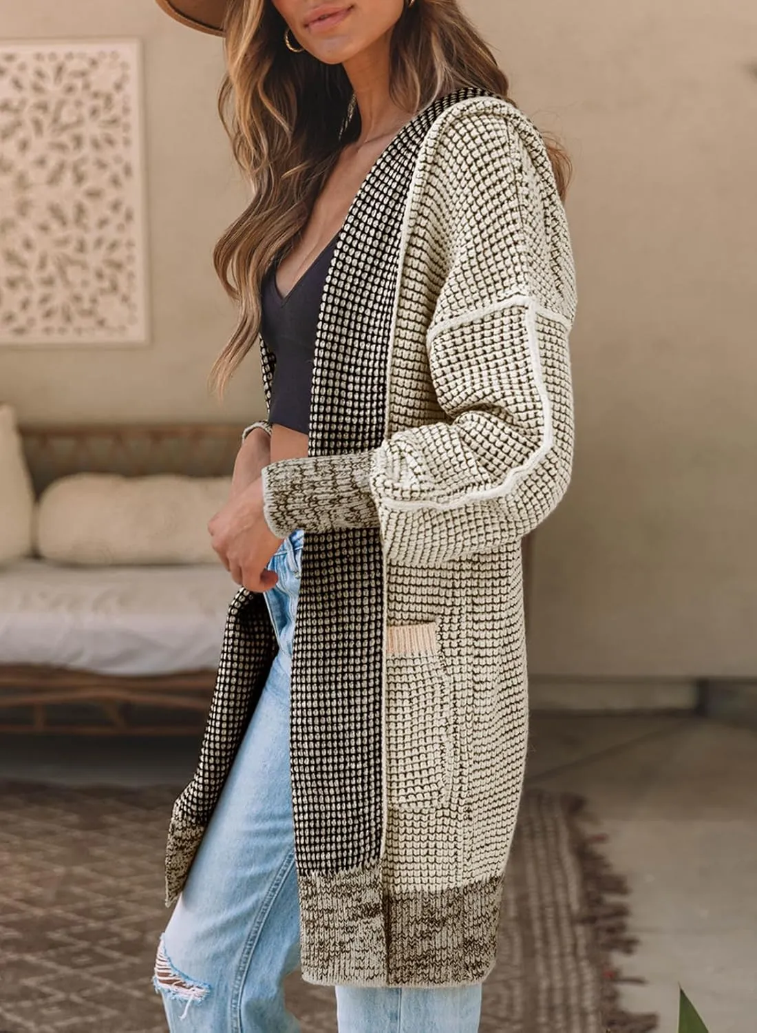 Sidefeel Women's Cardigan Sweaters Hooded Oversized Open Front Chunky Knit Plaid Sweater Coat Fall Fashion Tops