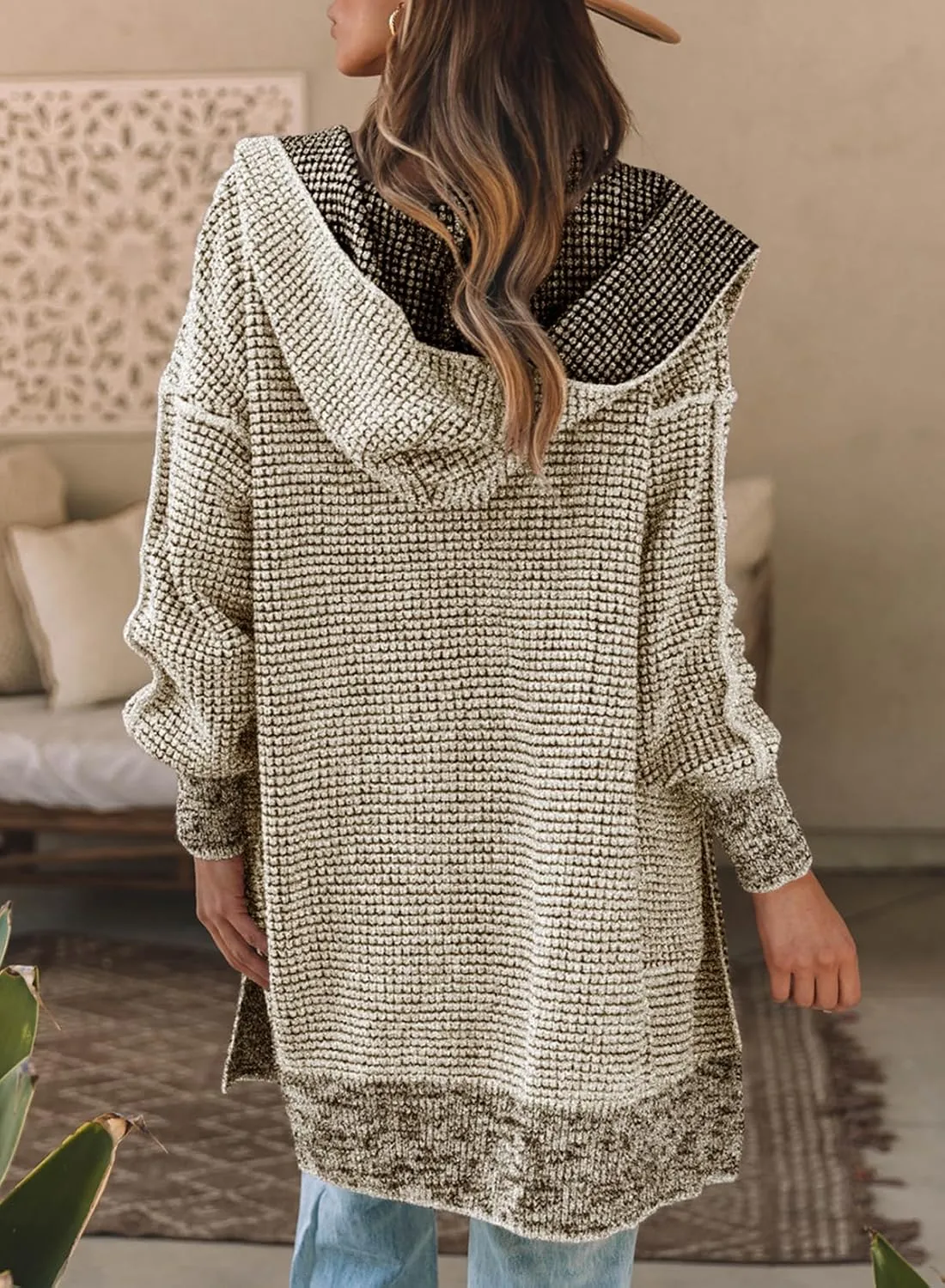 Sidefeel Women's Cardigan Sweaters Hooded Oversized Open Front Chunky Knit Plaid Sweater Coat Fall Fashion Tops