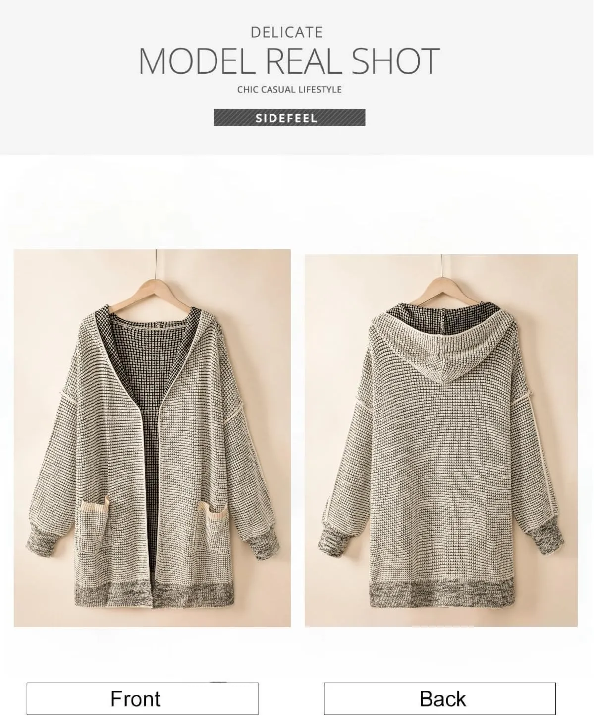 Sidefeel Women's Cardigan Sweaters Hooded Oversized Open Front Chunky Knit Plaid Sweater Coat Fall Fashion Tops