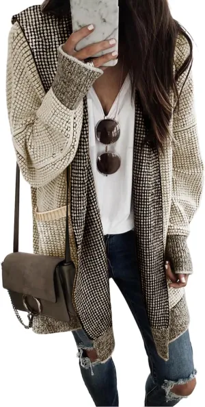 Sidefeel Women's Cardigan Sweaters Hooded Oversized Open Front Chunky Knit Plaid Sweater Coat Fall Fashion Tops