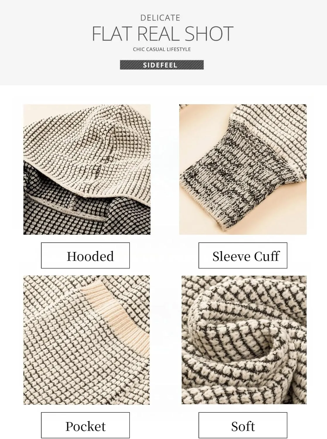 Sidefeel Women's Cardigan Sweaters Hooded Oversized Open Front Chunky Knit Plaid Sweater Coat Fall Fashion Tops