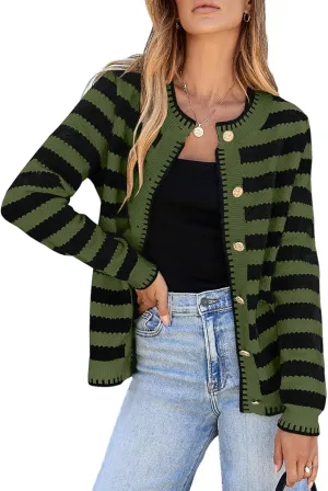 Sidefeel Women's Cardigan Sweaters Striped Open Front Button Down Knitted Coat Cropped Fall Fashion Outwear