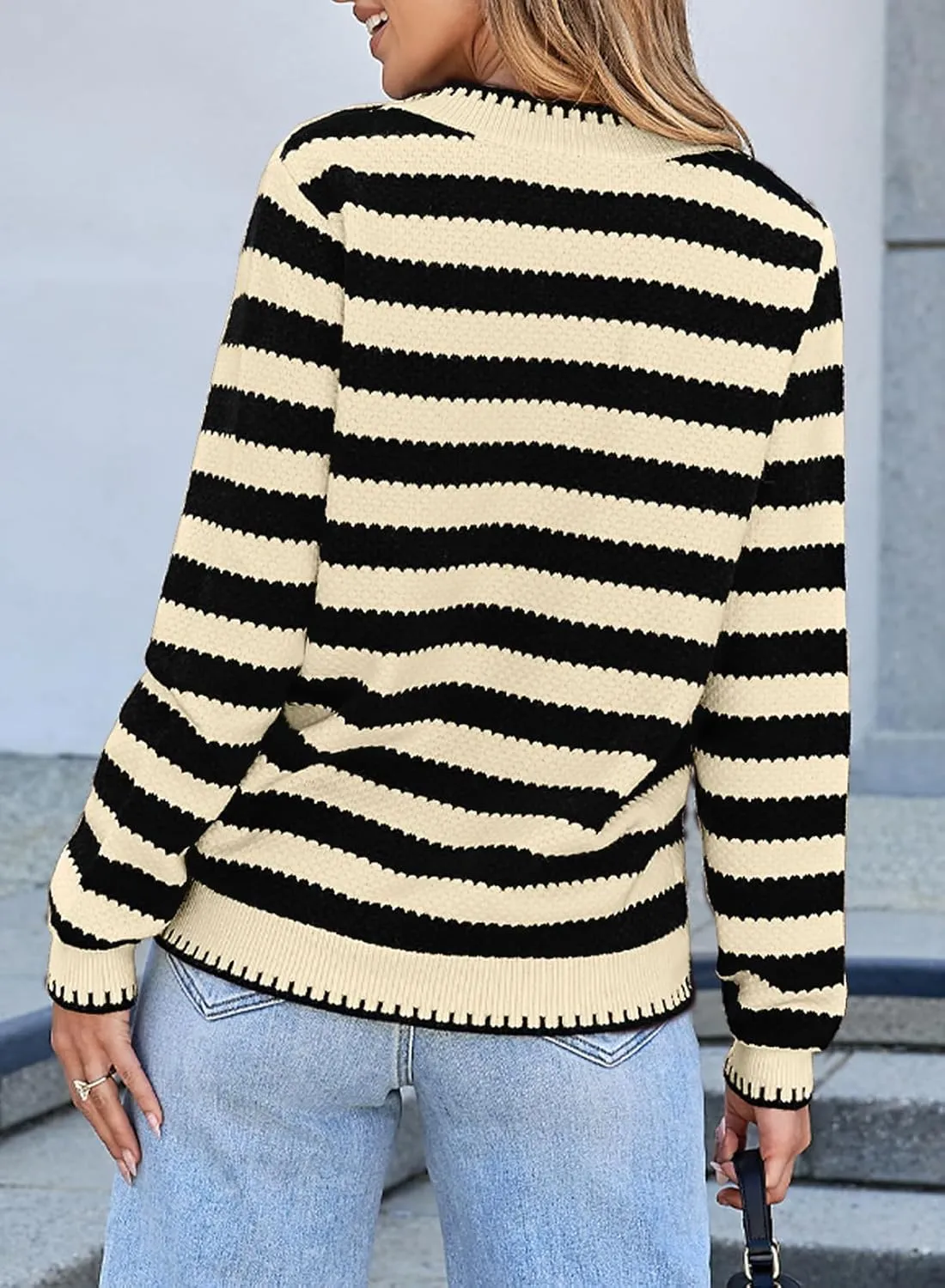 Sidefeel Women's Cardigan Sweaters Striped Open Front Button Down Knitted Coat Cropped Fall Fashion Outwear
