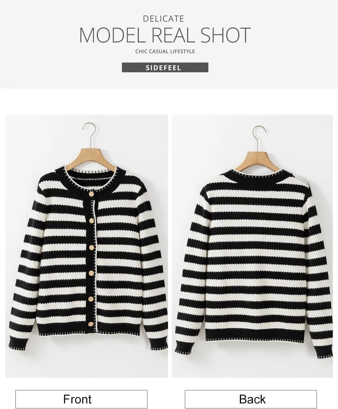 Sidefeel Women's Cardigan Sweaters Striped Open Front Button Down Knitted Coat Cropped Fall Fashion Outwear