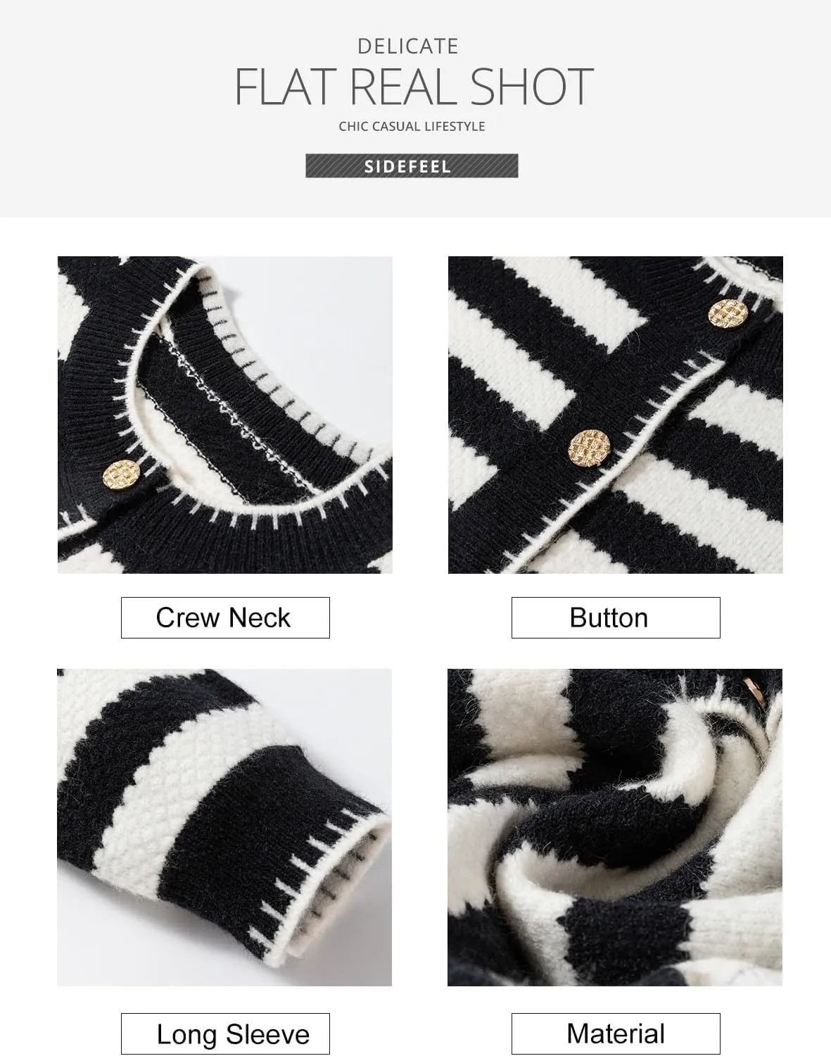 Sidefeel Women's Cardigan Sweaters Striped Open Front Button Down Knitted Coat Cropped Fall Fashion Outwear