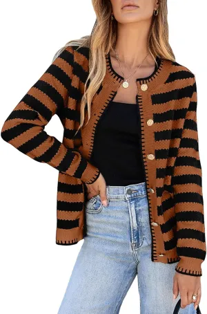Sidefeel Women's Cardigan Sweaters Striped Open Front Button Down Knitted Coat Cropped Fall Fashion Outwear