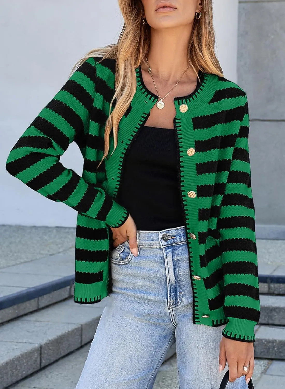 Sidefeel Women's Cardigan Sweaters Striped Open Front Button Down Knitted Coat Cropped Fall Fashion Outwear