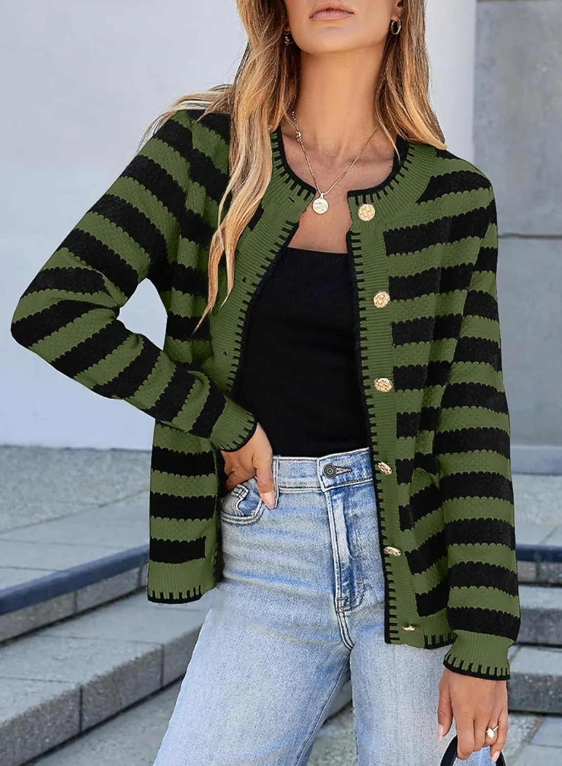 Sidefeel Women's Cardigan Sweaters Striped Open Front Button Down Knitted Coat Cropped Fall Fashion Outwear