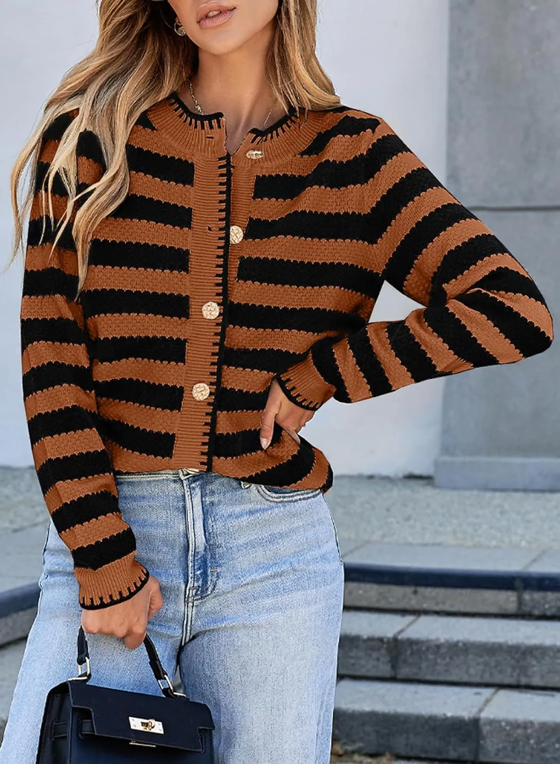 Sidefeel Women's Cardigan Sweaters Striped Open Front Button Down Knitted Coat Cropped Fall Fashion Outwear