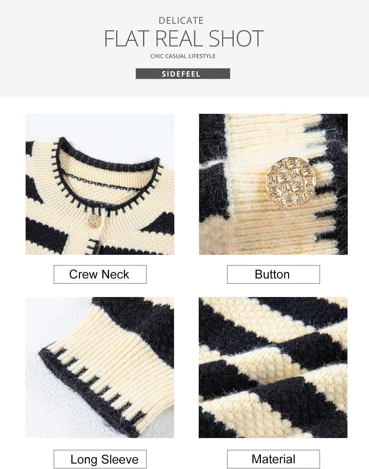 Sidefeel Women's Cardigan Sweaters Striped Open Front Button Down Knitted Coat Cropped Fall Fashion Outwear