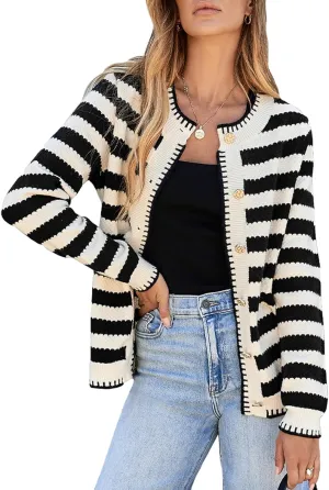Sidefeel Women's Cardigan Sweaters Striped Open Front Button Down Knitted Coat Cropped Fall Fashion Outwear