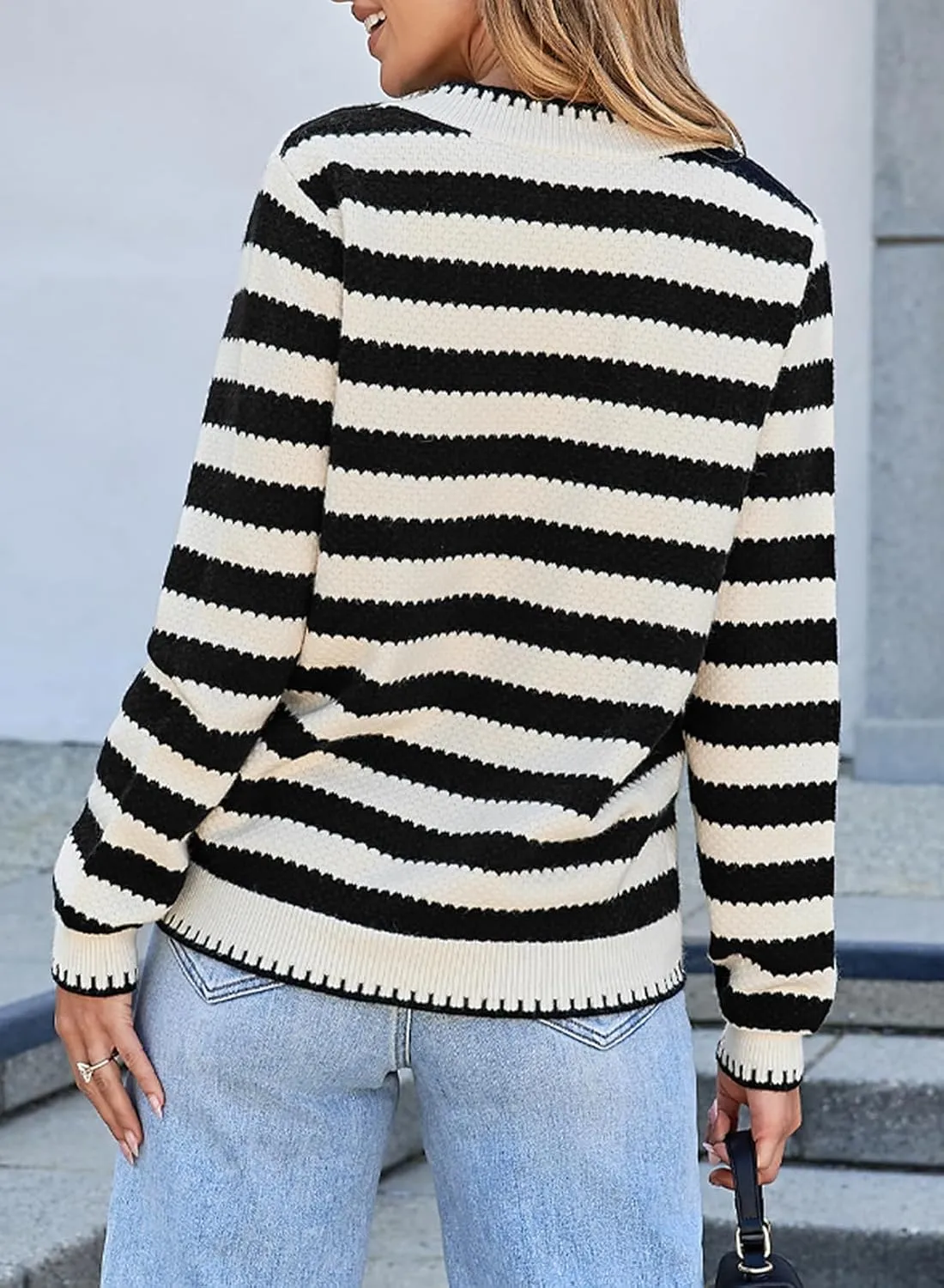 Sidefeel Women's Cardigan Sweaters Striped Open Front Button Down Knitted Coat Cropped Fall Fashion Outwear